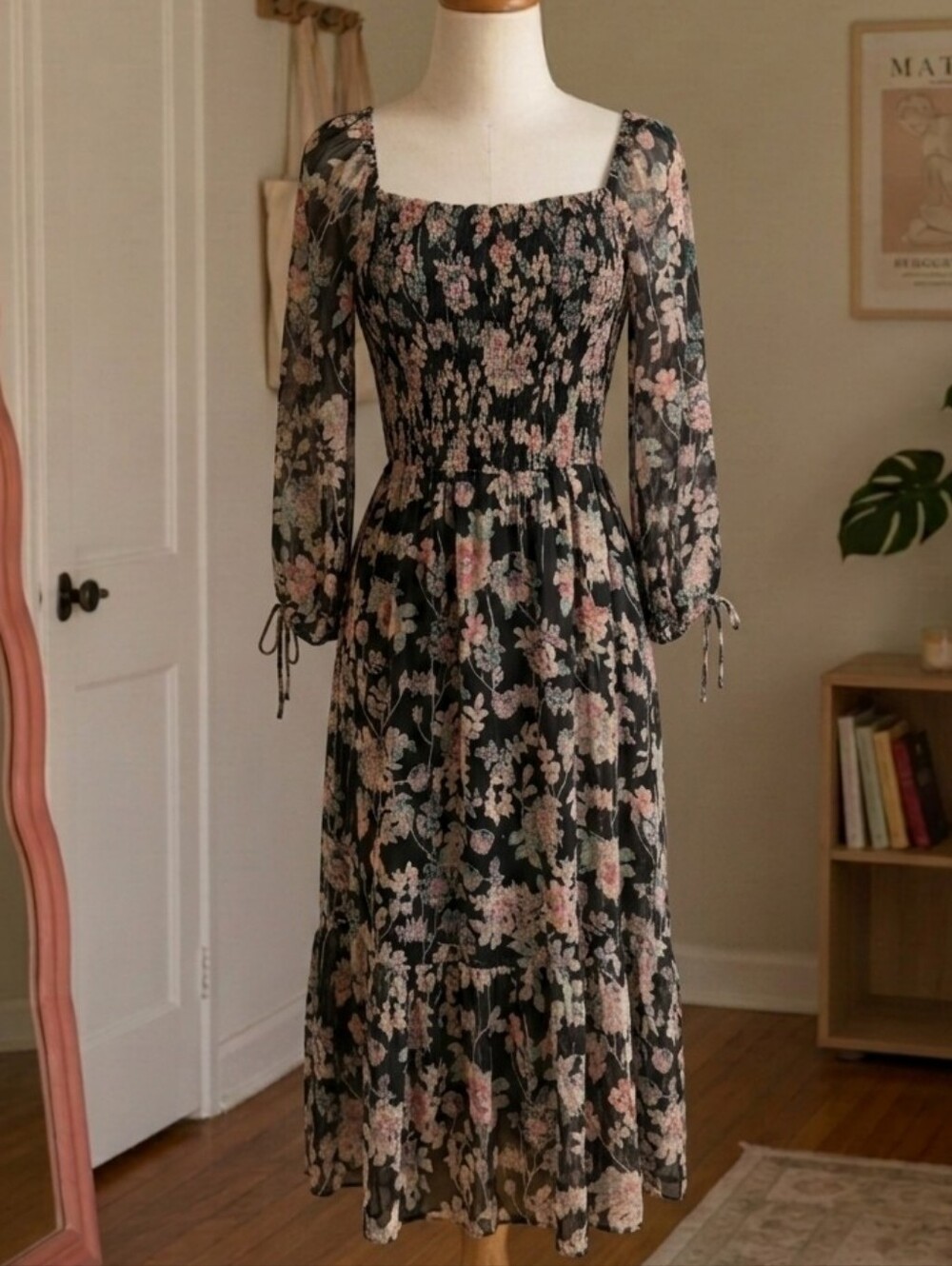 LC Lauren Conrad Black Floral Midi Dress with Pink and Green Accents - Picture 2 of 13